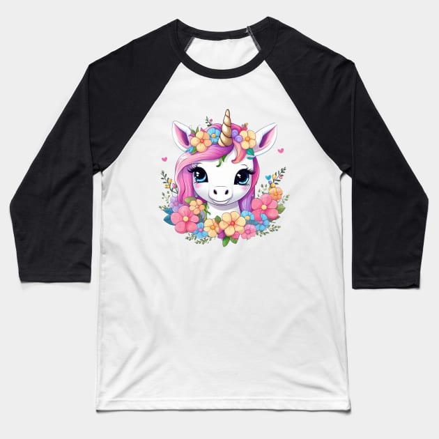 Adorable Baby Unicorn with flowers Baseball T-Shirt by CBV